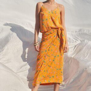 Anthropologie Orange Floral Slip Dress with Tie Waist